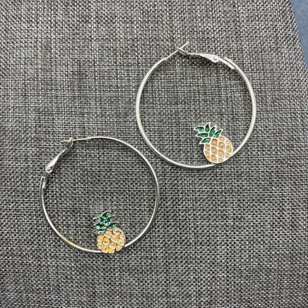 Hoop Pierced Earrings Silver Pineapple Lg Green Yellow Enamel Iridescent Sparkle